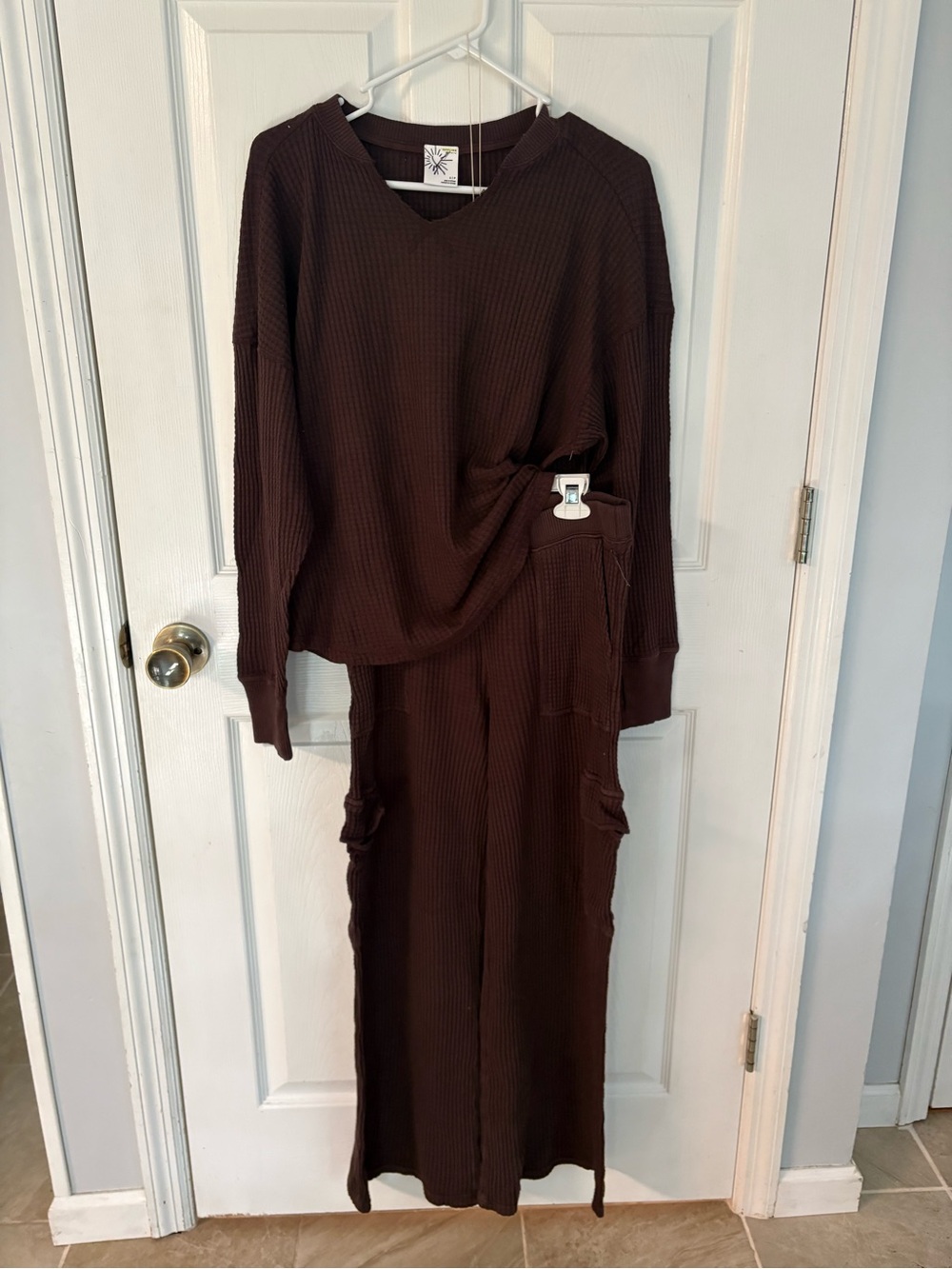NEW aerie waffle knit sweater crewneck top and Wide-Leg pants set - Dark Brown